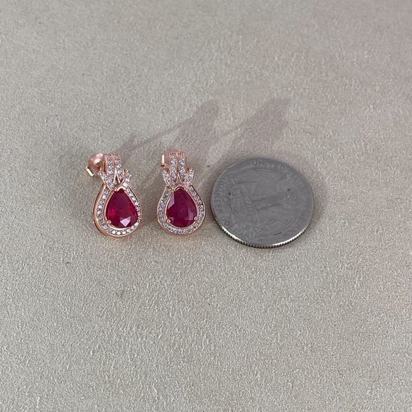 Extra Nice Pear Cut 9x7mm Red Ruby and small CZ Stud Earrings - Picture 4 of 5